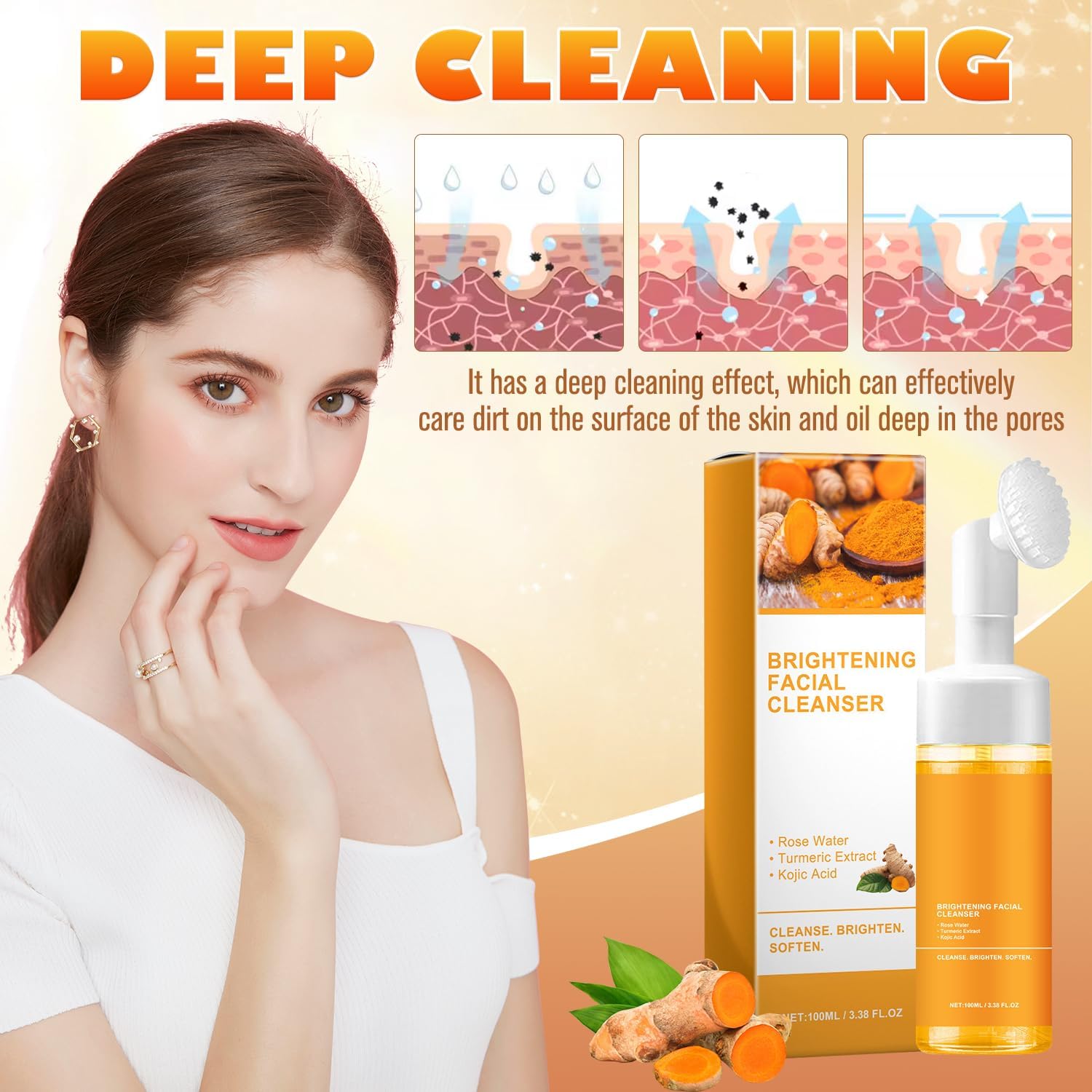 Turmeric Facial Cleanser, Turmeric Face Wash, Tur-Meric Foaming Facialcleanser, Turme-Ric Facial Wash, Turmerics Foaming Cleanser for All Skin Deep Cleaning (2Pcs)