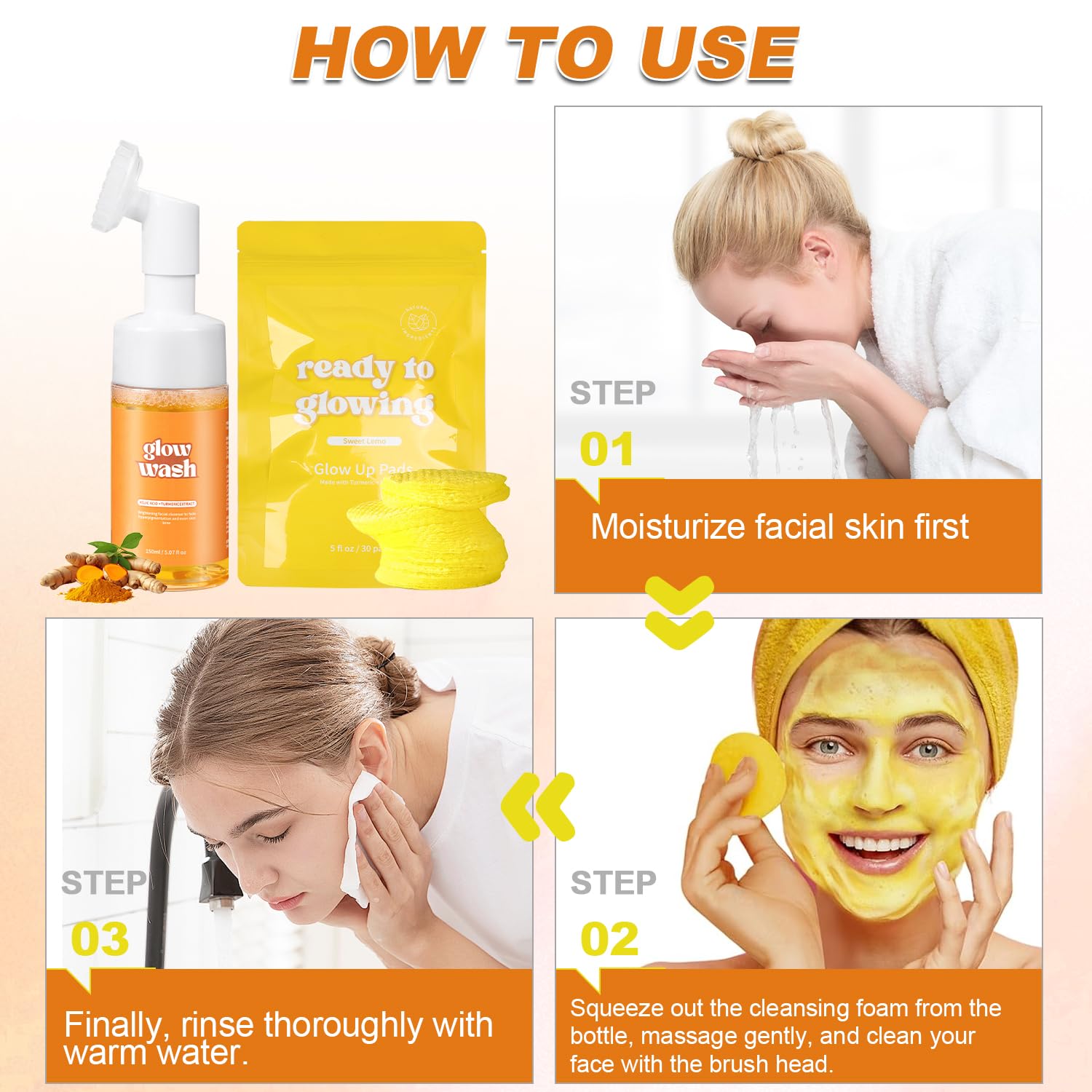Turmeric Face Wash & Cleansing Pads, 100% Natural Cleanser with Brush, Suitable for All Skin Types